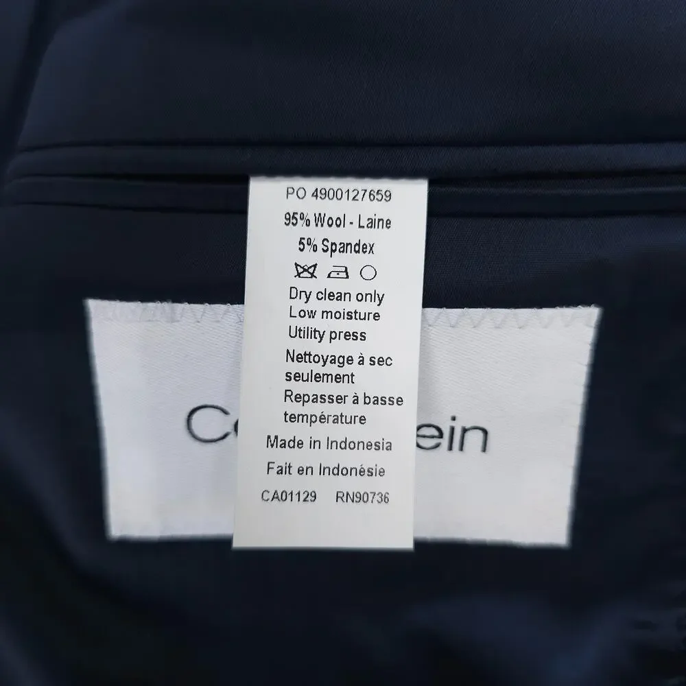 Calvin Klein Mens Skinny Fit 2 Piece Suit 46R 38x32 Navy Blue Solid Stretch Wool